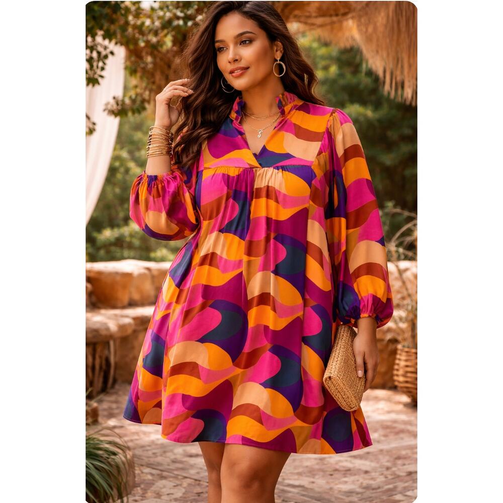 Adrienne Multicolor Abstract Retro Swing Dress 1X Long Sleeve Empire Waist Boho